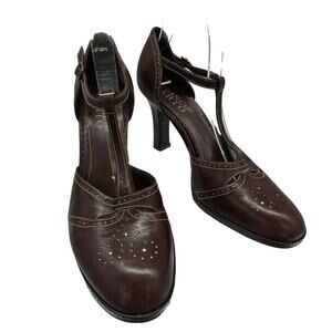 Franco Sarto Womens Vtg Brown Leather Heels Size 9M Ankle T-Strap Retro Art Deco